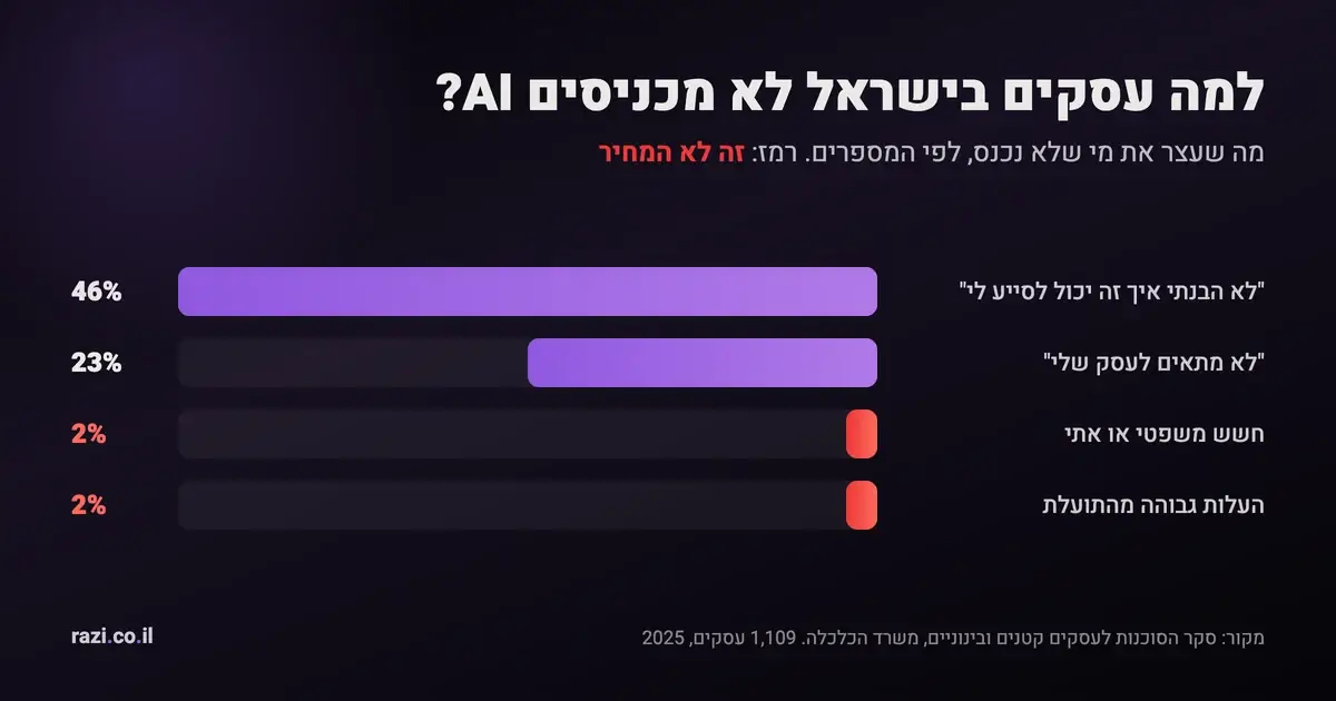 גרף: למה עסקים בישראל לא מכניסים AI. 46% לא הבינו איך זה מסייע, רק 2% ציינו את המחיר